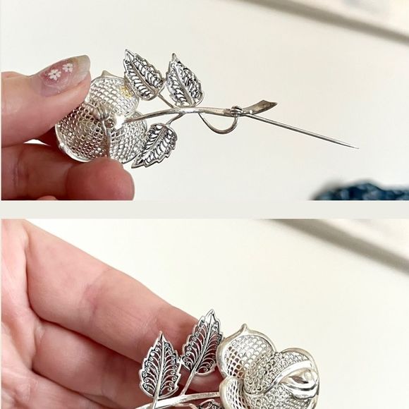 Vintage sterling rose brooch - Picture 10 of 11